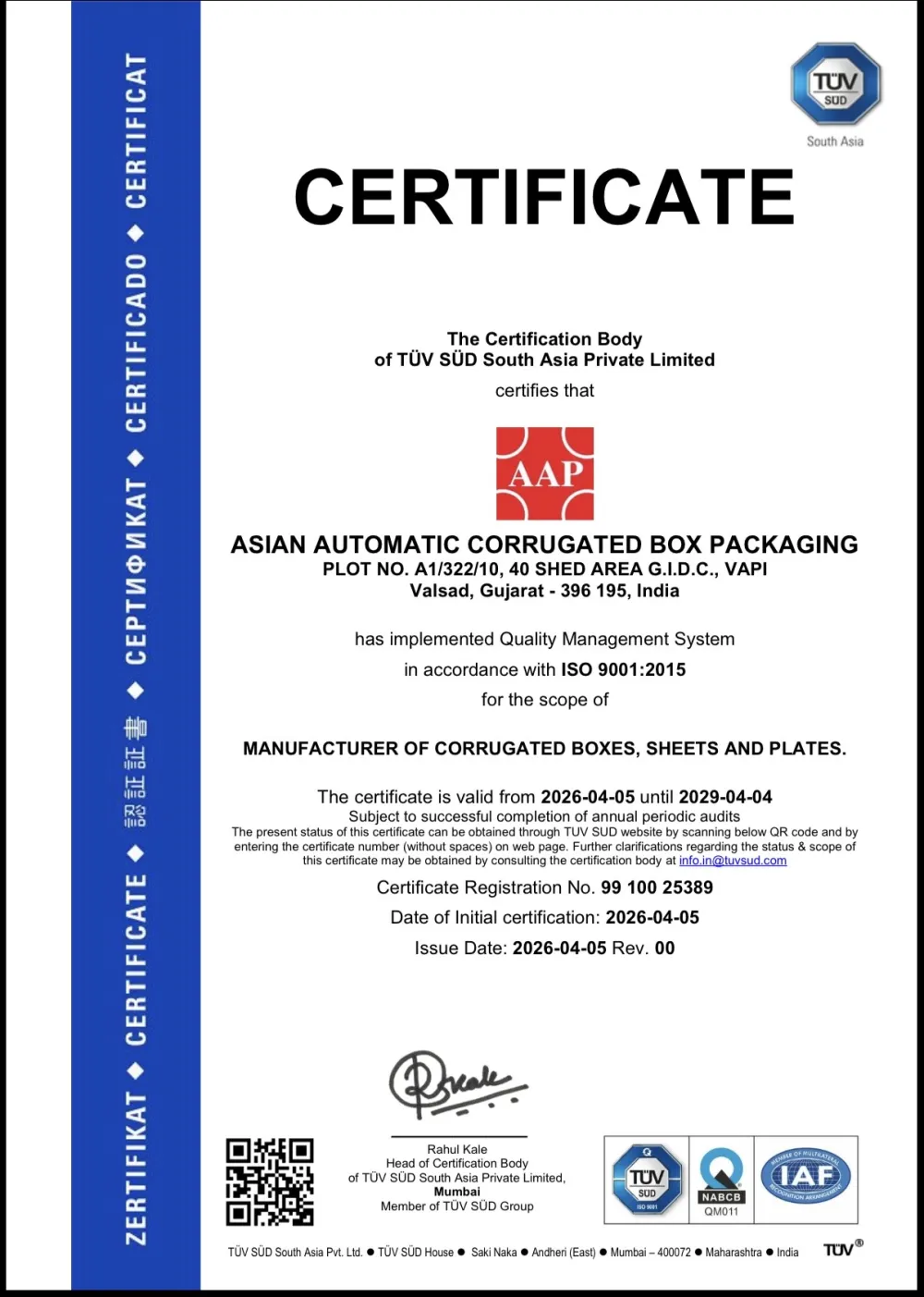 ISO 9001:2015 certificate held by Asian Packaging Industries